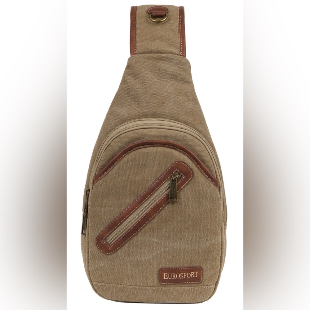 Eurosport Sling Backpack stylish canvas Khaki 7.5” X 13.5” X 2.75” New B425